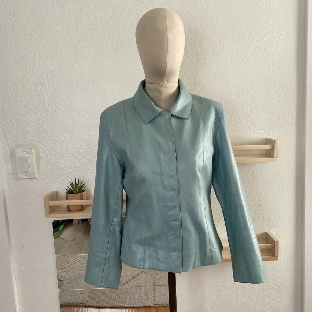 Vintage Saguaro Seafoam Blue Leather Jacket Minimalist 90s Jacket Small - Picture 8 of 12